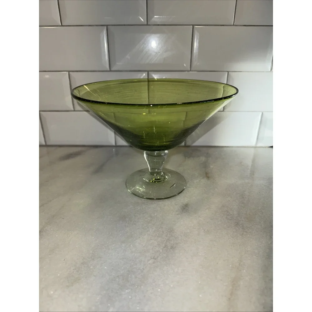 VINTAGE HANDBLOWN Green Glass with clear Footed‎ Base Serving BowlGW993